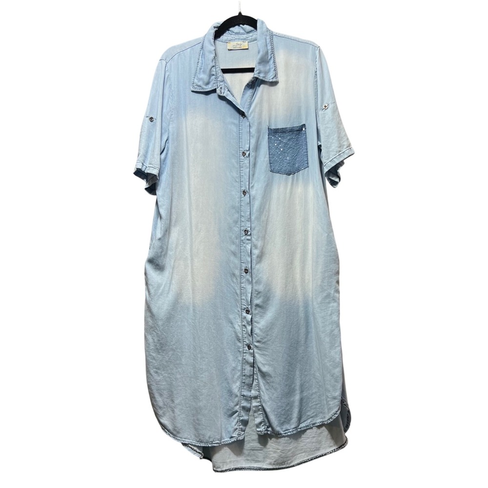 In Italy Chambray Denim Shirt‎ Dress Pockets Button Down Short Sleeve Light Wash